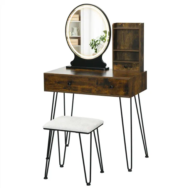 Costway Vanity Table Set Lighted Mirror Storage Drawer Shelf Cushion Stool Rustic Brown