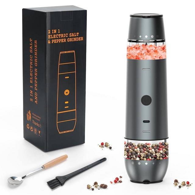 Zoolc Electric Salt and Pepper Grinder Set 2 In 1 Duel Heads Grinding, Type-C Rechargeable, One-Hand Operation & Gravity, Automatic Salt and Pepper Grinder Set, Adjustable Coarseness (Gunmetal Grey)