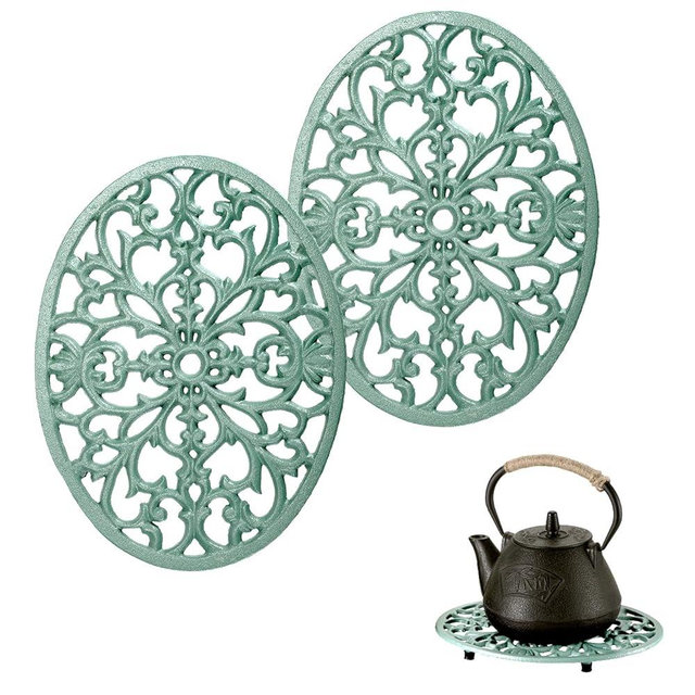2 Pack Cast Iron Trivets, Green Oval Trivet 9.6"x7.3", Heat Resistant Metal Trivets for Hot Dishes Pots Pans Plates Teapot, Heavy Duty Cast Iron Pot Holder for Kitchen Countertops Dining Table