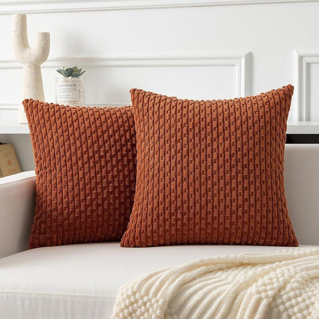 Kevin Textile Throw Pillow Covers Soft Corduroy Decorative Set of 2 Boho Striped Pillow Covers Pillowcases Farmhouse Home Decor for Couch Bed Sofa Living Room 18x18 Inch Rust Brown