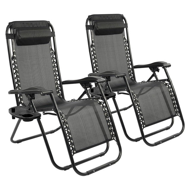 Elevon Zero Gravity Chair Set of 2 with Cup Holder & Removable Pillows, Adjustable Reclining Outdoor Patio Folding Chairs Portable Lounge Chair Furniture for Poolside, Lawn, Beach, Camping, Black