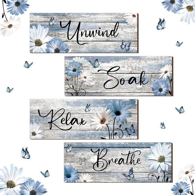 Sunnyray 4 Pcs Farmhouse Bathroom Wall Decor Sign Spring Daisy Tulip Flowers and Butterfly Bathroom Wall Art Relax Soak Unwind Breathe Rustic Wood Plaque Decor(15.75 x 5.2 Inch,Blue)