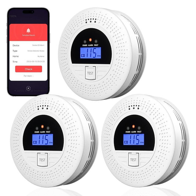 WiFi Smoke and CO Detector 3-Pack | Smart APP Alert & Real-Time LCD Display 85dB Loud Alarm, Phone Notifications, Easy Install, Battery Powered for Bedroom/Kitchen/Living Room