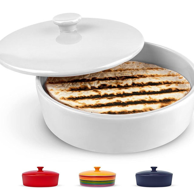 KooK Ceramic Tortilla Warmer with Lid, Hand Painted, Taco Holder, Microwavable Storage Container, Dishwasher Safe, Marshmallow, Holds 12 Tortillas, 41 oz, 8.5 Inch