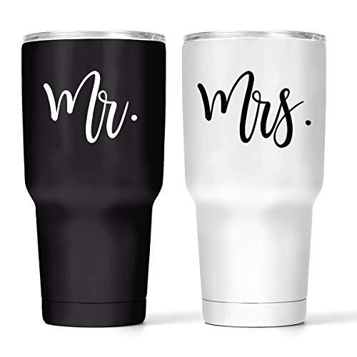 Mr & Mrs Double Wall Steel Tumbler Set – Black and White Vacuum Insulated Wine Tumblers – 30Oz Black & White His and Hers Wine Cups – Temperature Control & BPA-Free Lid – Bride Groom Gift