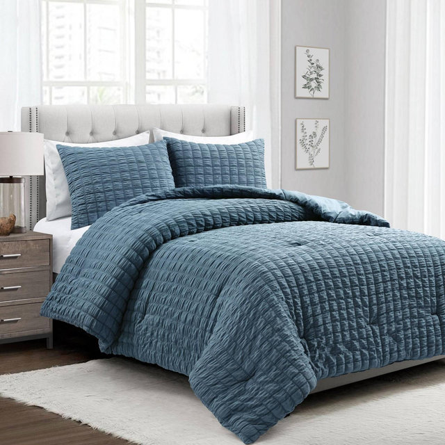 3pc Full/Queen Crinkle Textured Dobby Comforter & Sham Set Blue - Lush Décor
