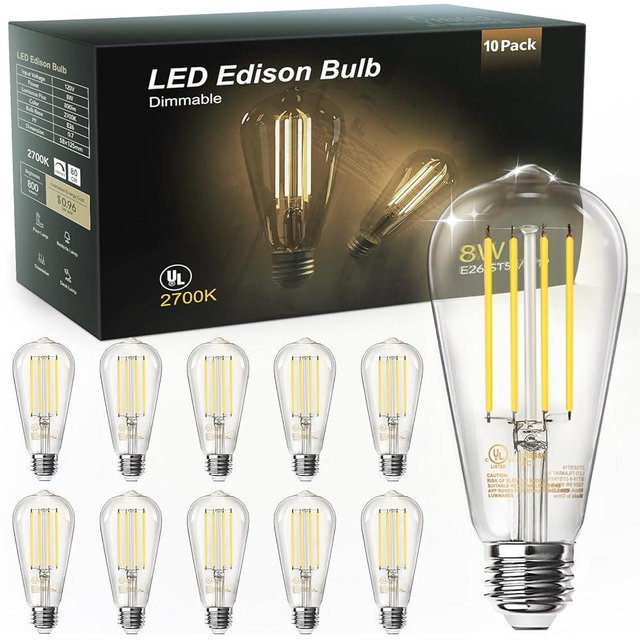 TJOY 10 Pack Vintage 8W ST58 LED Edison Light Bulbs, Dimmable, 60W Equivalent, 800Lumens, 2700K Warm White, E26 Base LED Filament Bulb, CRI80+, Antique Glass Style for Home, Bedroom, Office, Farmhouse