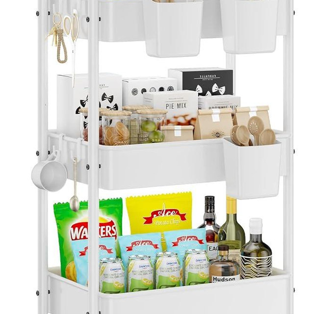 YASONIC Metal 3 Tier Rolling Cart - Heavy Duty Utility Cart with Lockable Wheels, Hanging Cups, Hooks, Mesh Rolling Storage Cart Craft Cart Organizer, Lightweight and Sturdy, White
