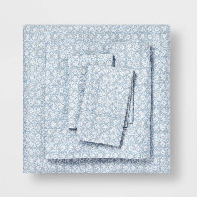 King 400 Thread Count Printed Performance Sheet Set Blue Block Print - Threshold™