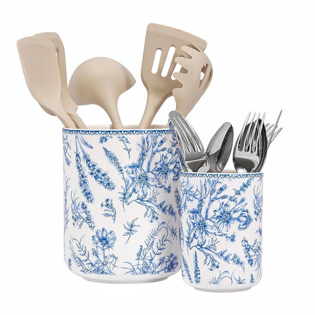 Bico Blue Garden Toile De Jouy Ceramic Utensil Holder Set of 2 for Kitchen Counter, 7"+5" Large Cooking Utensil Crock Organizer, Lead & Cadmium Free, Dishwasher Safe, Decorative Kitchen Décor