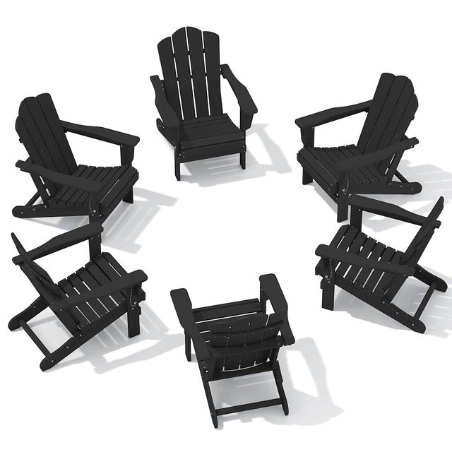 KINGYES Folding Adirondack Chair Set of 6, HDPE All-Weather Patio Chairs, Wooden Textured Lawn Chair for Poolside, Backyard, Deck, Fire Pit, Black