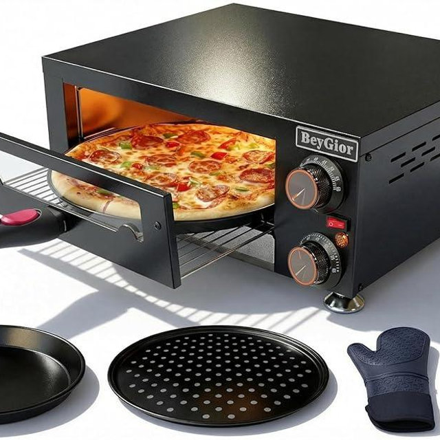 BeyGior Electric Pizza Oven Indoor,12 inch Countertop Pizza Maker with Viewing Window,Stainless Steel Commercial Pizza Oven, Removable Handle,Dual Baking Trays and Oven Mitts