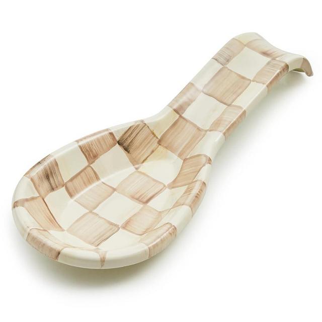 MACKENZIE-CHILDS Enamel Spoon Rest, Kitchen Utensil Rest and Spoon Holder, Kitchen Decor, Brown-and-White Mocha Check