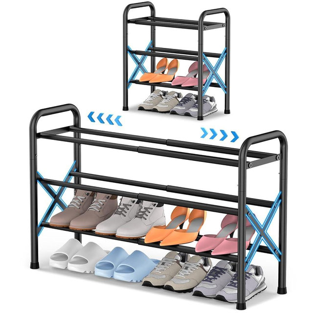 YEASHEIN 3-Tier Expandable Shoe Rack for Closet Floor, X-Frame Metal Small Shoe Rack for Entryway, Adjustable Shoe Shelf Organizer, Free Standing Shoe Racks for Front Door Entrance, Garage - Black