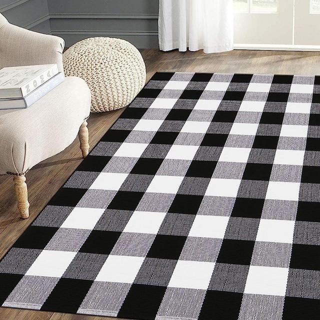 SHACOS Buffalo Plaid Rug 3'x5' Indoor Outdoor Black and White Buffalo Checkered Rug Front Porch Rug Buffalo Check Door Rug Layered Woven Cotton Area Rug Throw Rugs for Kitchen Living Room Washable