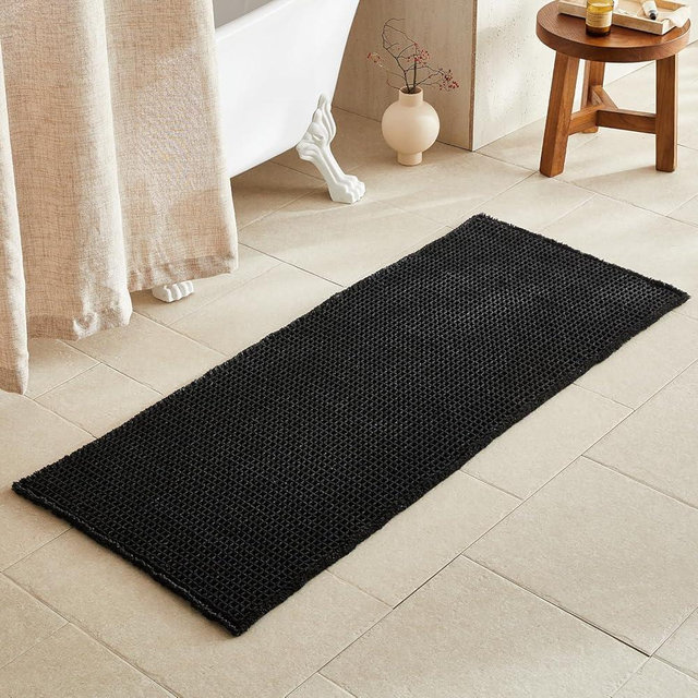 TYUU Black Long Bathroom Rug, Waffle Runner Rug Bathroom Non Slip Washable Super Absorbent Quick Dry Boho Farmhouse Bath Decor, 60"x24" Black