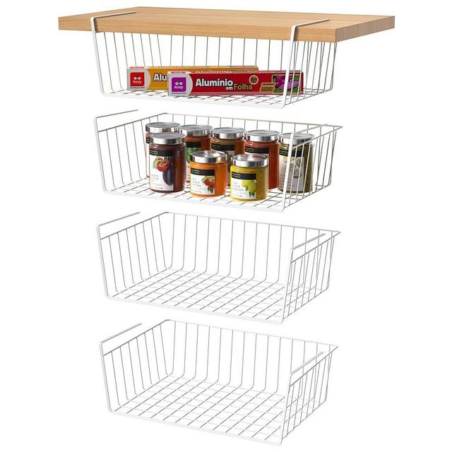 Bellsal Under Shelf Basket, 4 Pack Metal Hanging Wire Shelf Under Shelf Storage, Slides Under Cabinet Shelf, Space Saving for Kitchen Pantry Office Bathroom Bookshelf Under Shelf Organizer, White