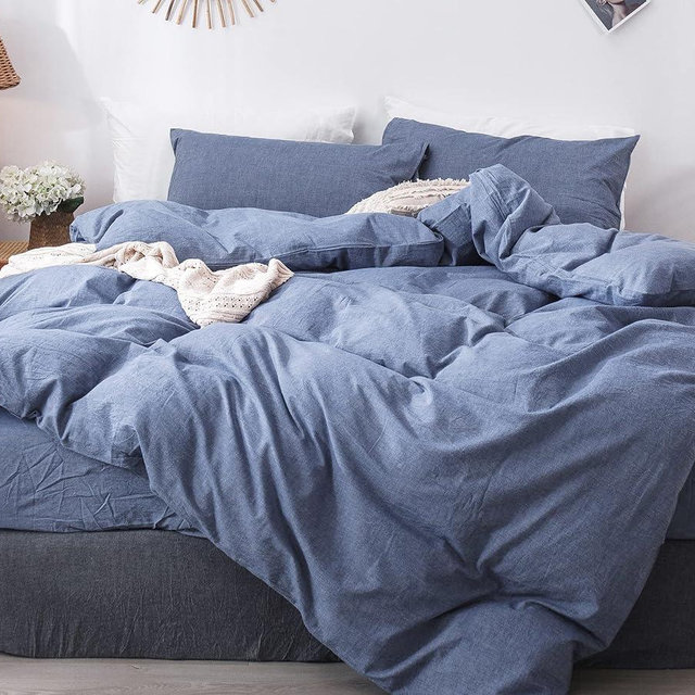 MooMee Bedding Duvet Cover Set 100% Washed Cotton Linen Like Textured Breathable Durable Soft Comfy (Blue, Queen)