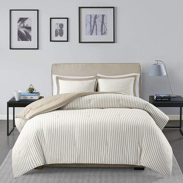 Madison Park Essentials Hayden Comforter, Yarn Dyed Stripe Pattern, Solid on The Reverse Modern All Season Down Alternative Bed Set with Matching Sham, Twin, Tan 2 Piece