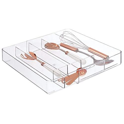 mDesign Adjustable, Expandable Plastic Kitchen Cabinet Drawer Storage Organizer Tray - for Storing Organizing Cutlery, Spoons, Cooking Utensils, Gadgets - Clear