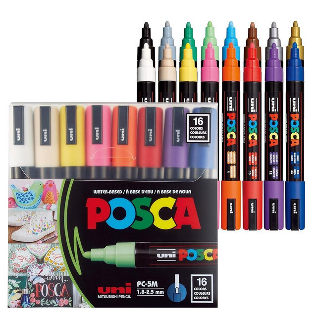 uni POSCA PC-5M Water-Based Paint Markers, Reversible Medium Tip (1.8-2.5mm), Assorted Colors, 16 Pack