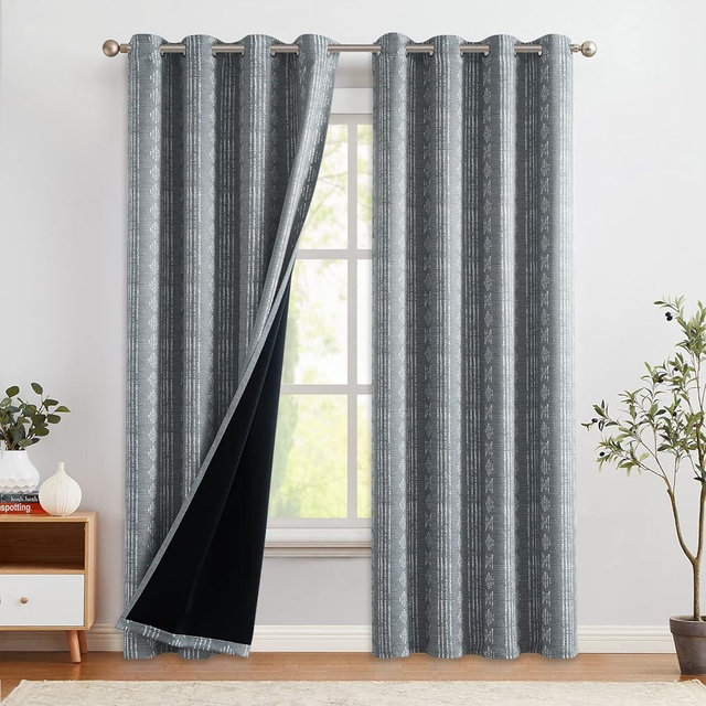 COLLACT 100% Blackout Boho Curtains for Bedroom Gray Geometric Striped Printed Curtains 84 Inch Length for Living Room Thermal Insulated Room Darkening Drapes Grommet Window Treatments 2 Panels Grey