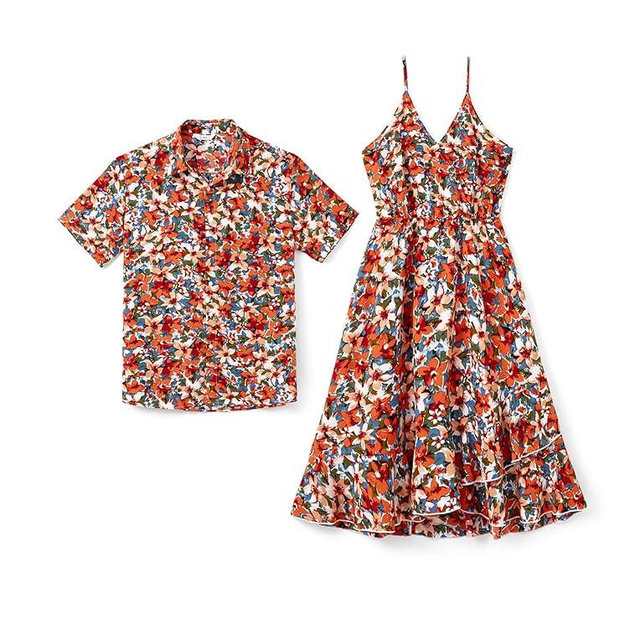 PATPAT Matching Hawaiian Outfits for Couples Beach Vacation Tropical Print Women Spaghetti Strap Dress or Men Cruise Shirt