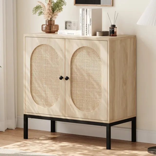 Whizmax Rattan Buffet Cabinet, Natural Storage Cabinet with Adjustable Shelves, Small Sideboard Table for Dining Room Kitchen Living Room Hallway