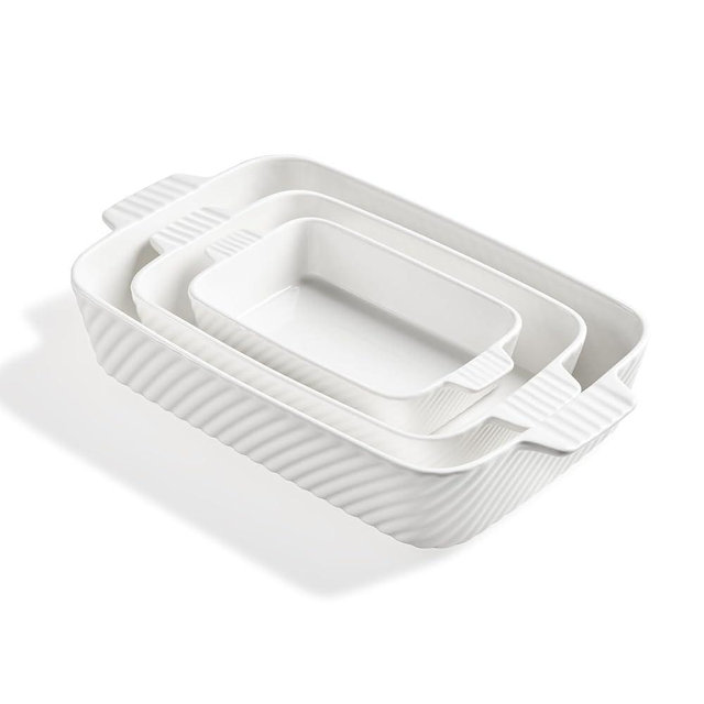 Sweejar Ceramic Baking Dish Set, Cake Baking Dish for Brownie, Porcelain Striped Casserole Dishes for Oven with Handle for Lasagna, Family Dinner(White)