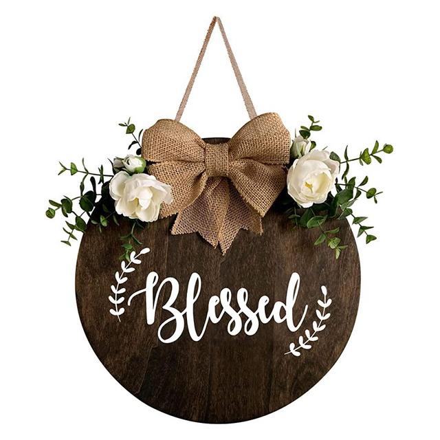 MayAvenue Blessed Wreaths Decor Sign Front Door, Round Wood Hanging Sign with Ribbon Bow and Artificial Green Leaves, Farmhouse Porch Decorations for Home Thanksgiving, Brown