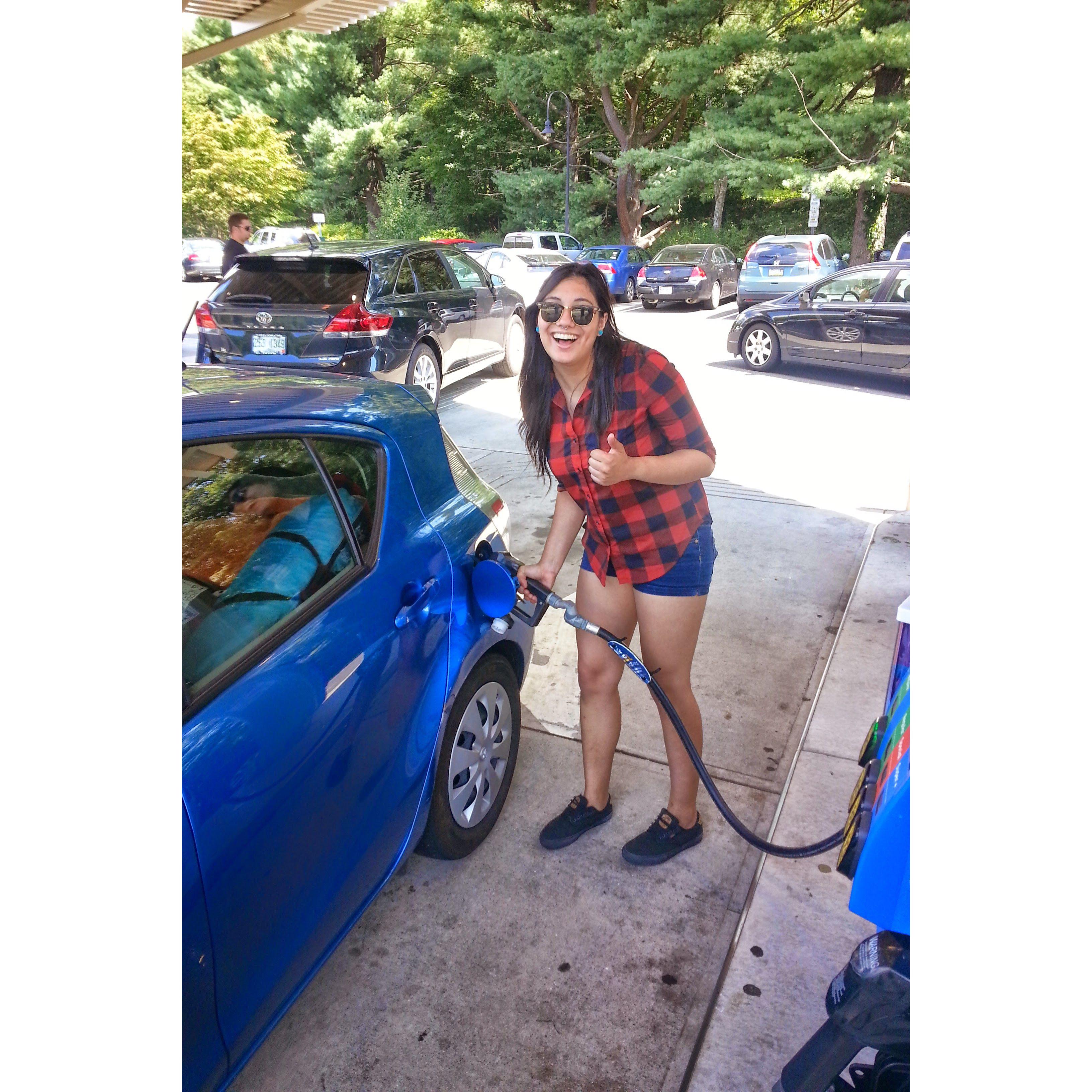 Joanna's first time pumping gas.