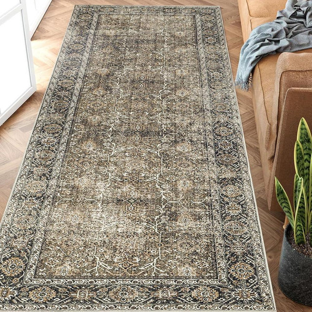 PureCozy Brown Runner Rug 2x5 Vintage Area Rug Hallway Indoor Kitchen Washable Living Room Carpet Tribal Distressed Rug Retro Accent Throw Rug for Office Dining Room Bathroom Faux Wool