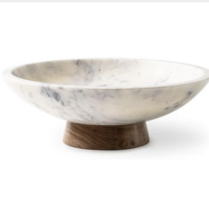 Marble Decorative Bowl with Acacia Wood Pedestal, 11 Inch