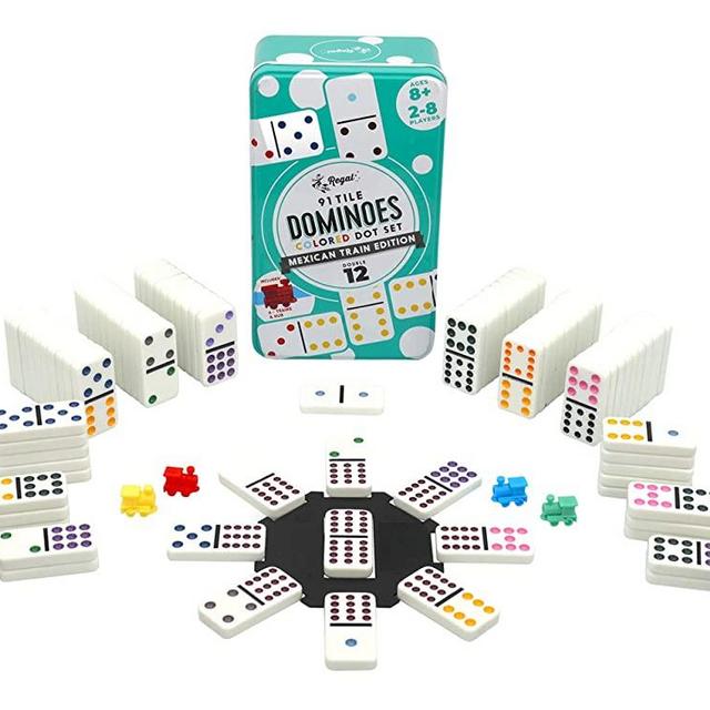 Regal Games – Double 12 Dominoes – Colored Dots Set – Mexican Train Edition Set with Colored Dots, 91 Tiles, 4 Trains, Hub, and Collector's Tin - Ideal for 2-4 Players Ages 8 for Kids and Adults