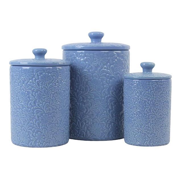 10 Strawberry Street Kitchen Canister Set, 3 Piece, Fleur Denim Blue