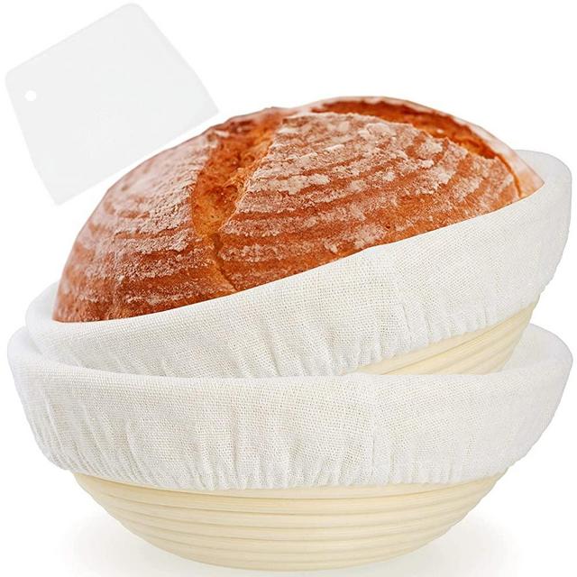 KitLov Banneton Bread Proofing Basket 9 Inch Set of 2-Washable Liner Cloth-Plastic Dough Scraper-A Starter Kit for Sourdough Bread Making-Ideal Proofing Bowl for Professional and Novice Home Bakers!