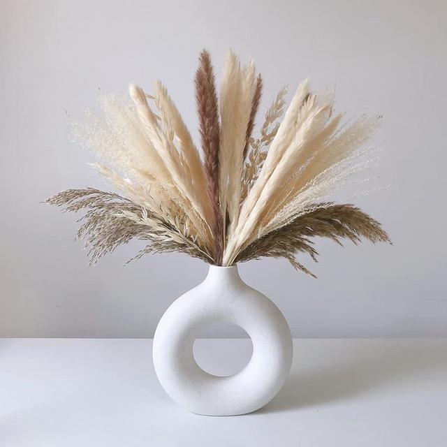 Eastern Rock White Ceramic Vases for Pampas Grass,Water Drop Design Doughnut vase Modern Home Decor Minimalist Nordic Boho Ins Style (White Medium)