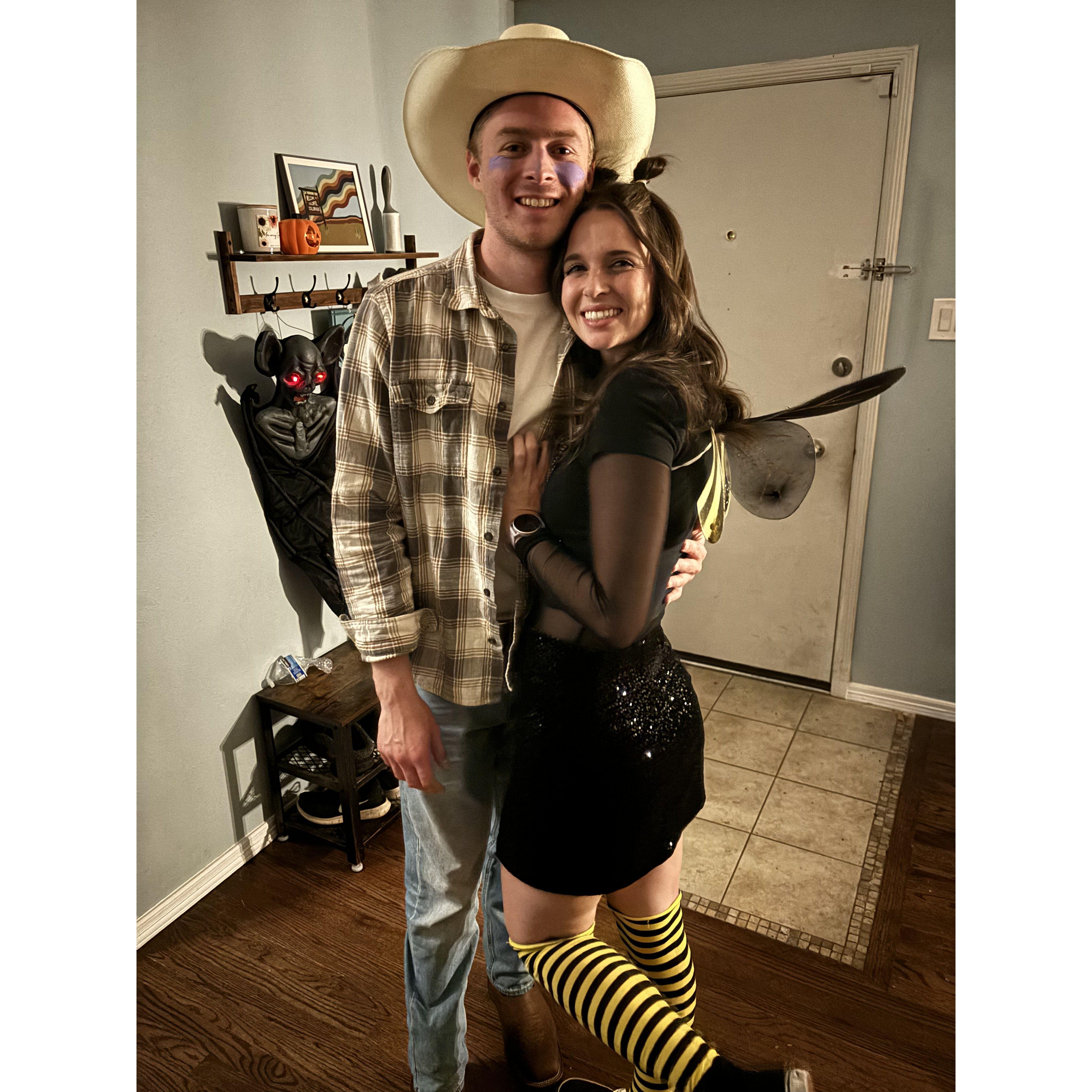 Us at Halloween in 2024! Stephen, a cowboy, and Caroline, a bee.