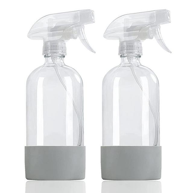 HOMBYS Empty Clear Glass Spray Bottles with Silicone Sleeve Protection - Refillable 17 oz Containers for Cleaning Solutions, Essential Oils, Misting Plants - Quality Sprayer - 2 Pack