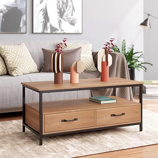 HOMECHO Coffee Table for Living Room, Rustic Cocktail Table with Bidirectional Drawers, Sofa Center Table with Storage Shelf, Wood and Metal Frame, Rustic Brown