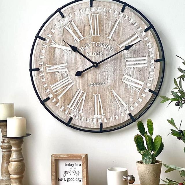 24 Inch Large Farmhouse Wall Clock, Rustic Antique Wood with Metal Circle and Large Engraved Numerals, Silent Battery Operated Wall Clock for Office Kitchen Bedroom Living Room