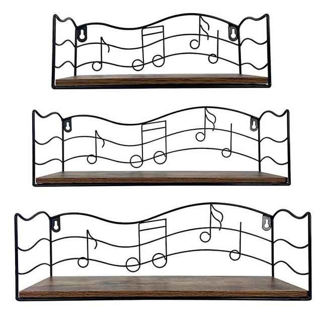 CRUGLA Floating Shelves Wall Mounted Storage Set of 3, Wall Hanging Display Shelf with Music Notes Decor for Bathroom, Kitchen, Living Room, Bedroom, Office Room