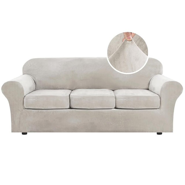 H.VERSAILTEX Modern Velvet Plush 4 Piece High Stretch Sofa Slipcover Sofa Cover Furniture Protector Form Fit Luxury Thick Velvet Sofa Cover for 3 Cushion Couch Width Up to 90 Inch (Sofa, Oatmeal)