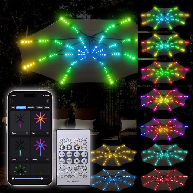 Neisouf Patio Umbrella Fireworks Lights, 104 LEDs DIY Color Changing Umbrella Lights with APP and Remote Control, DIY Chasing, Metor, Flowing Simulate Fireworks Effects (8 * 4.3ft)
