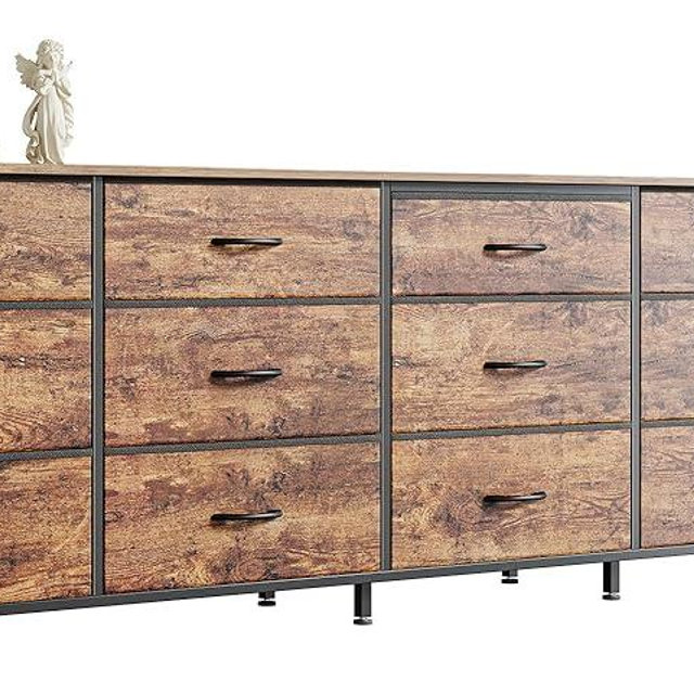 Huuger 78.7 inch Long Dresser for Bedroom, 15 Drawer Fabric Dresser for Closet, Large TV Stand for 65, 75, 85 inch TV, Wide Chest of Drawer with Storage, 78.7" W x 12.9" D x 26.7" H, Rustic Brown