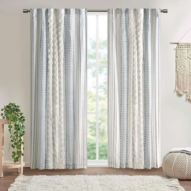 Ink+Ivy Boho Curtain for Bedroom Single Panel Window Curtain for Living Room, 100% Cotton Tufted Chenille Stripe Modern Farmhouse Curtain Light Filtering Drape for Bedroom, 50" x 84", Ivory/Navy