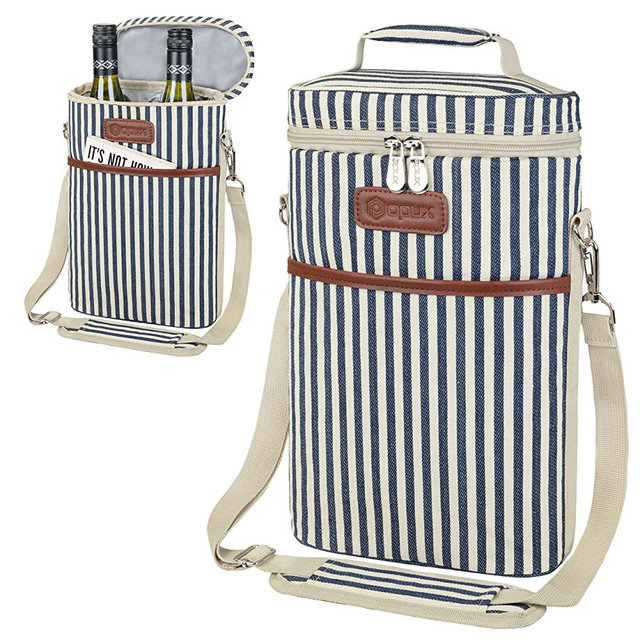 OPUX 2 Bottle Wine Bag Tote Carrier | Leakproof Insulated Wine Cooler Bag for Travel, BYOB, Picnic | Padded Portable Wine Bottle Bag for Dinner Party, Christmas Gift for Wine Lovers, Women, Men,Stripe