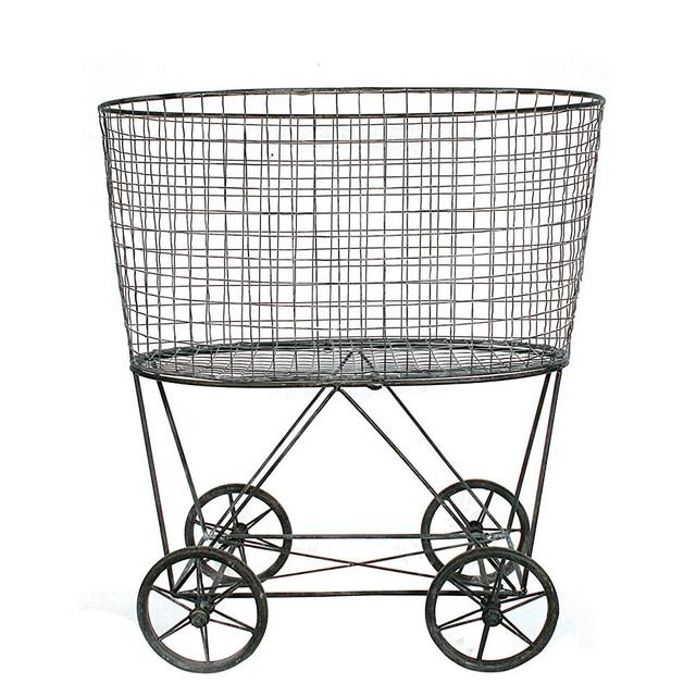 Creative Co-op Vintage Metal Laundry Basket with Wheels, Silver