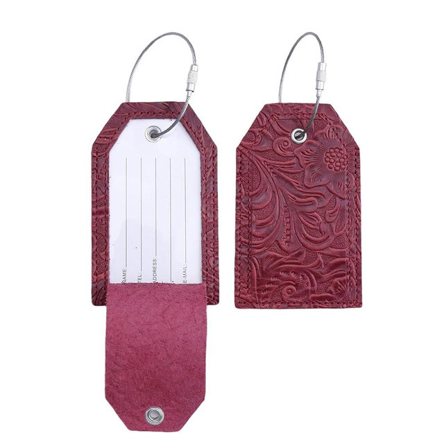 Genuine Leather Set of 2 Luggage Tag with Full Back Privacy Name ID Card Stainless Steel Loop Suitcase Labels Identifiers Baggage Tags Luggage for Women Men Travel (Wine Red Flower)