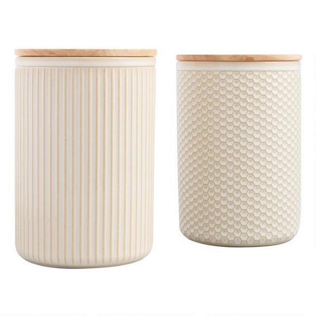 Large Natural Textured Ceramic Canisters with Lids Set of 2